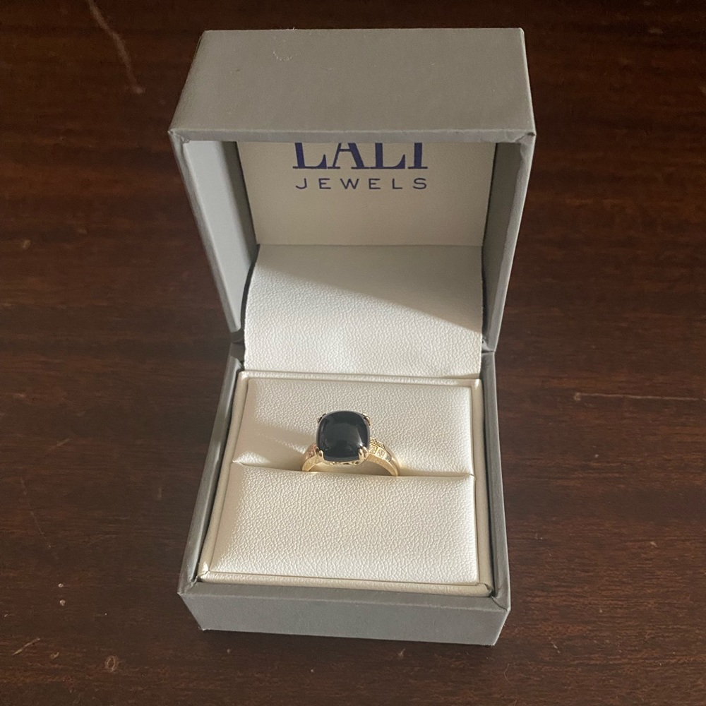 NWT Lali 14K Yellow Gold Ring with Onyx Stone and Diamond Accents Sz 7